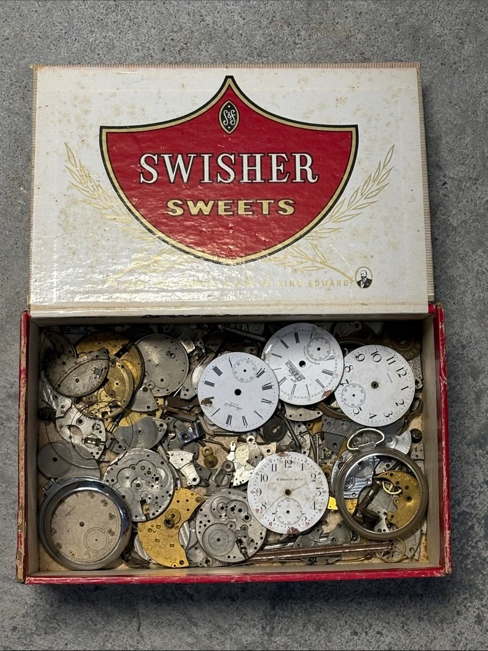 Watch Movement Parts Assortment in vintage cigar box